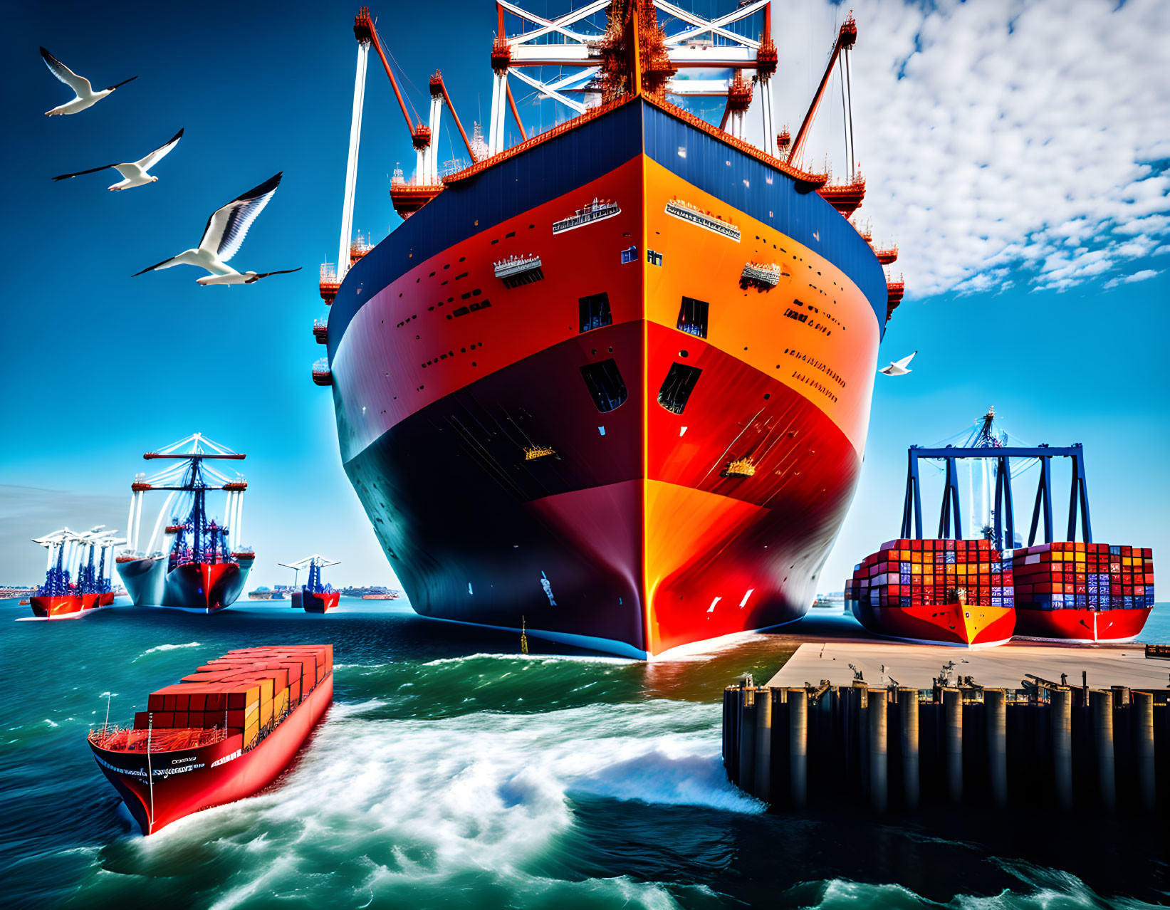 Red cargo ship loading containers at busy port with seagulls and small boat