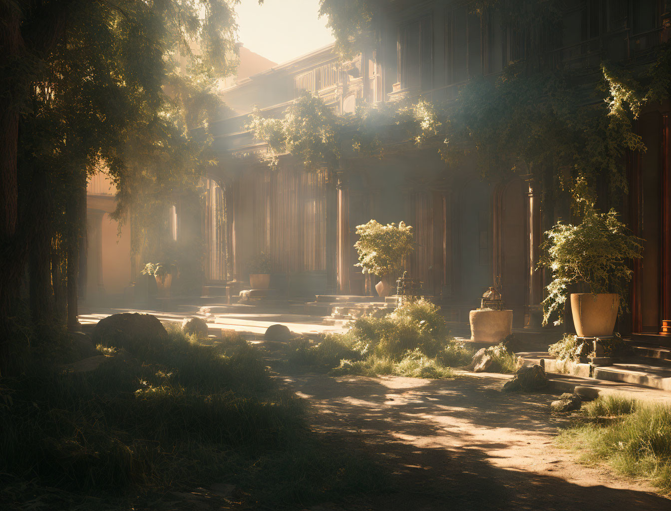 Tranquil sunlit courtyard with ancient pillars and lush trees