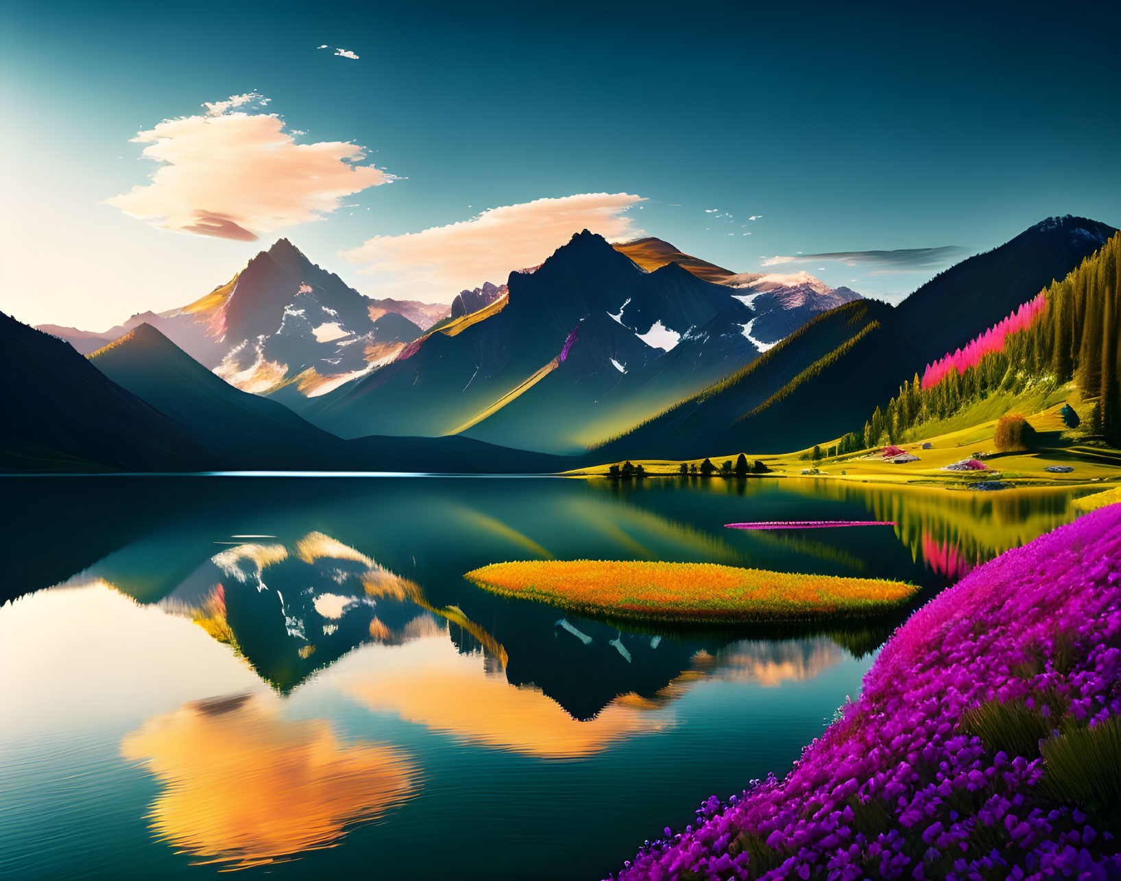 Scenic sunset: mountains, lake, flowers, colorful sky