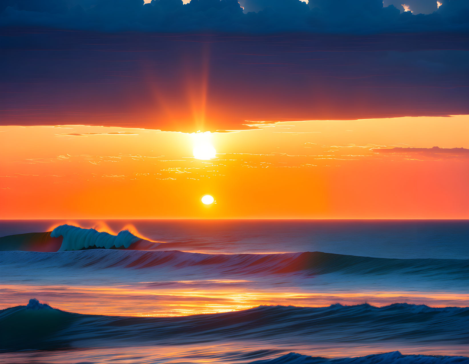 Vivid ocean sunset with sinking sun and fiery sky