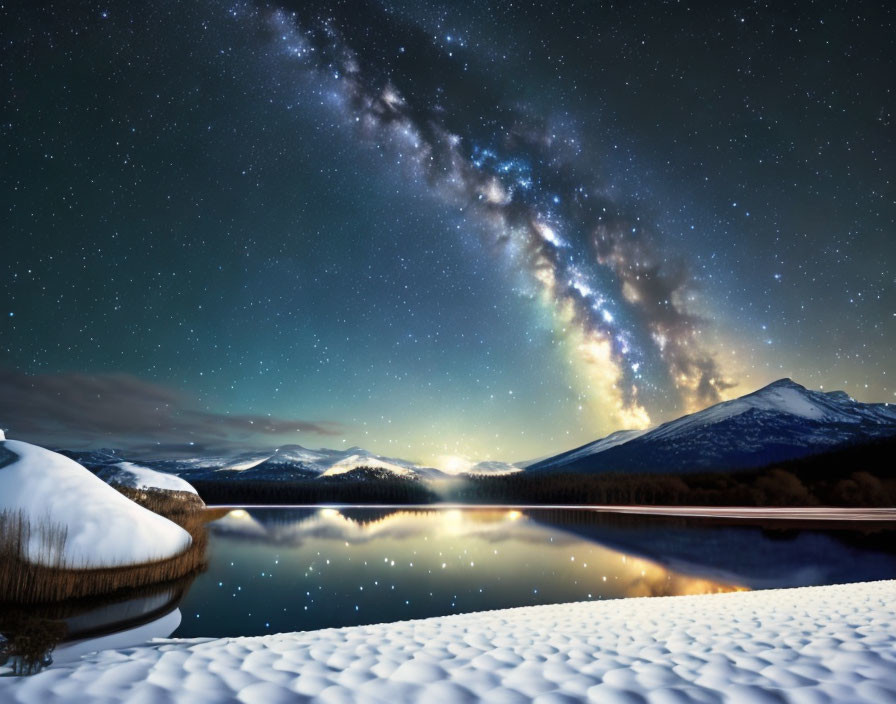 Snow-covered foreground, serene lake, Milky Way galaxy reflection - night landscape.