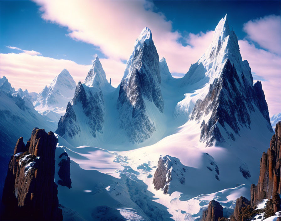 Majestic snow-covered mountain peaks under blue sky