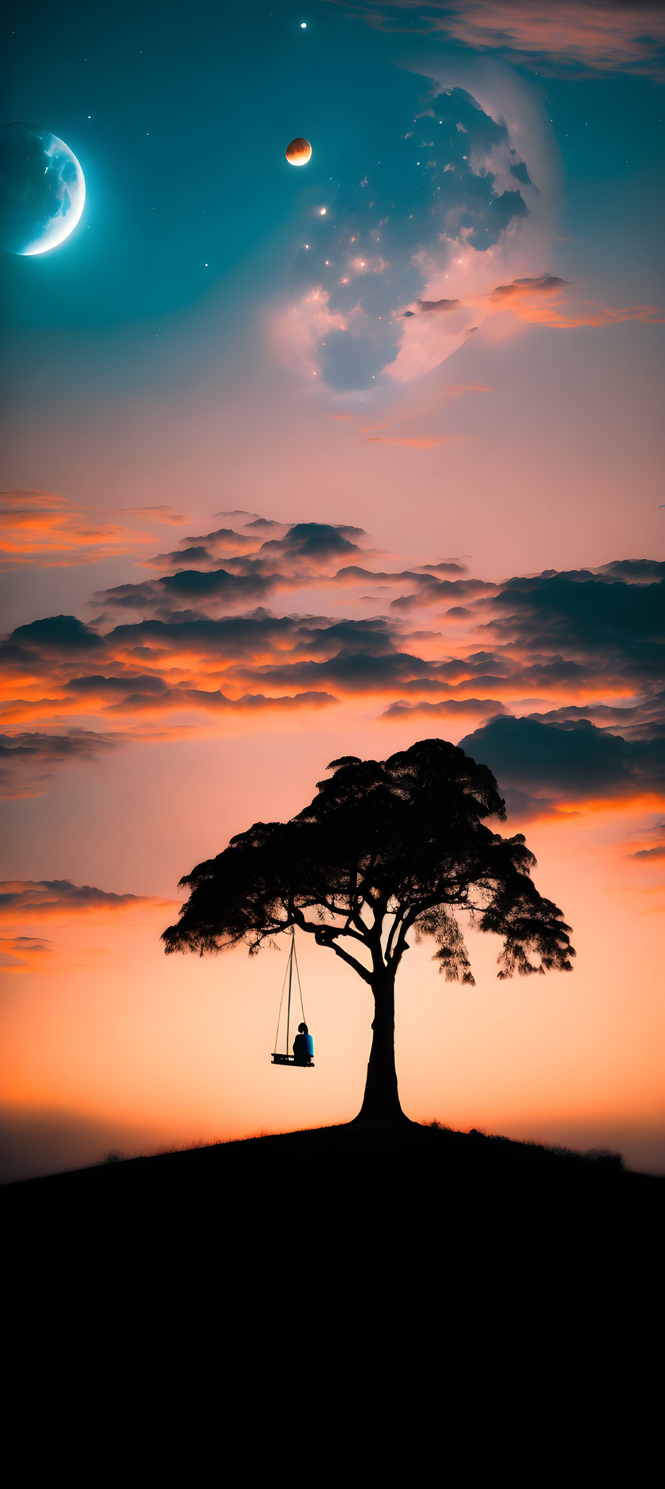 Solitary tree on hill with swing under orange sky, moon, and planet