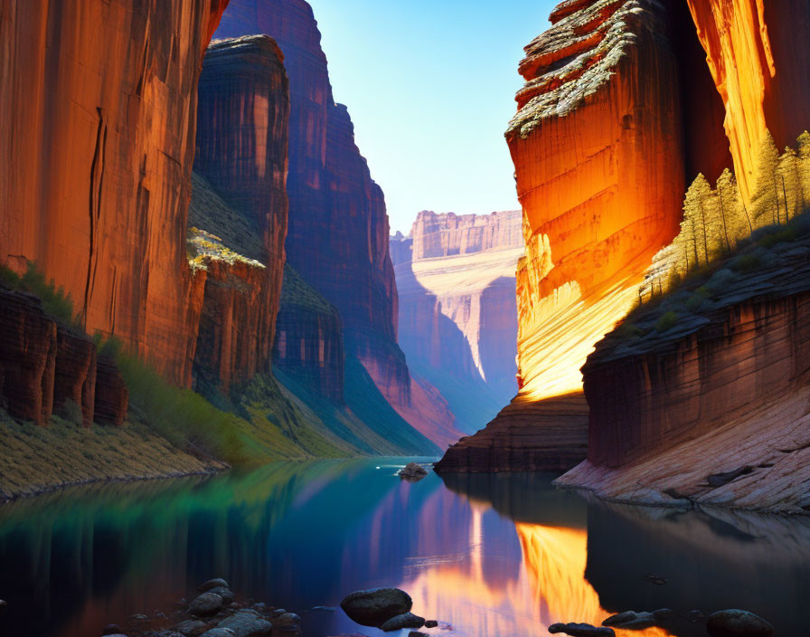 Majestic red canyon with serene river and blue sky