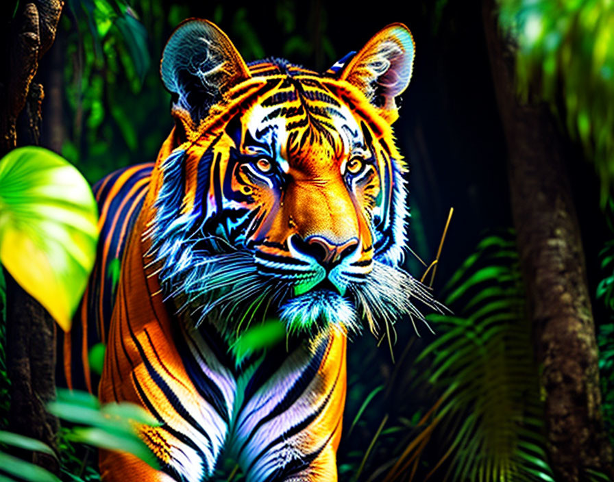 Colorful Tiger Emerges from Lush Green Jungle