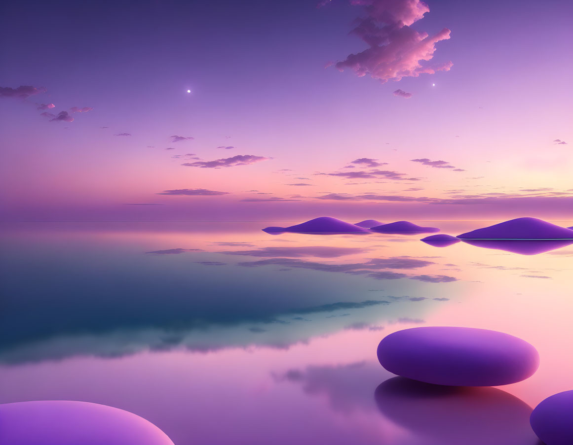 Purple Landscape with Smooth Stones and Twilight Sky Reflections