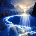 Frozen waterfall under starry winter sky with snow-covered landscape