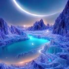 Fantasy landscape with glowing blue lakes and ice structures under a starry sky