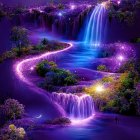 Fantasy night landscape: Glowing purple rivers, waterfalls, illuminated flora under starry sky