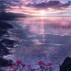 Sunset Seascape: Purple Skies, Tranquil Ocean, Rocky Coastline