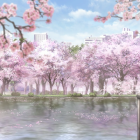 Tranquil cherry blossom landscape by calm river