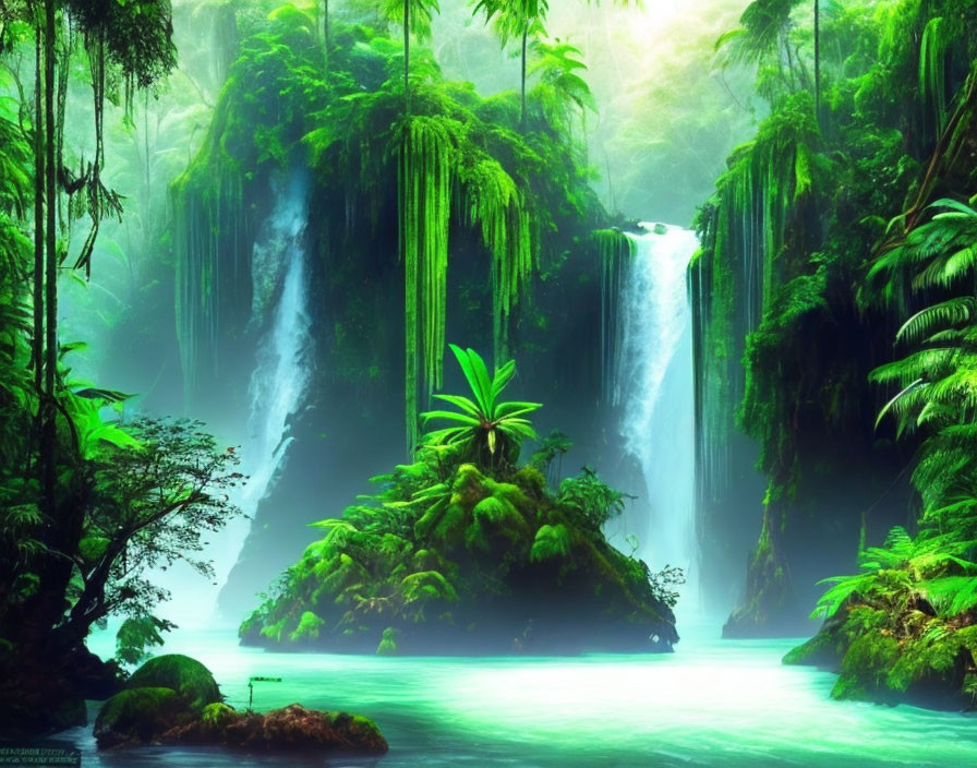 Lush Green Tropical Forest with Waterfalls and Emerald Pond