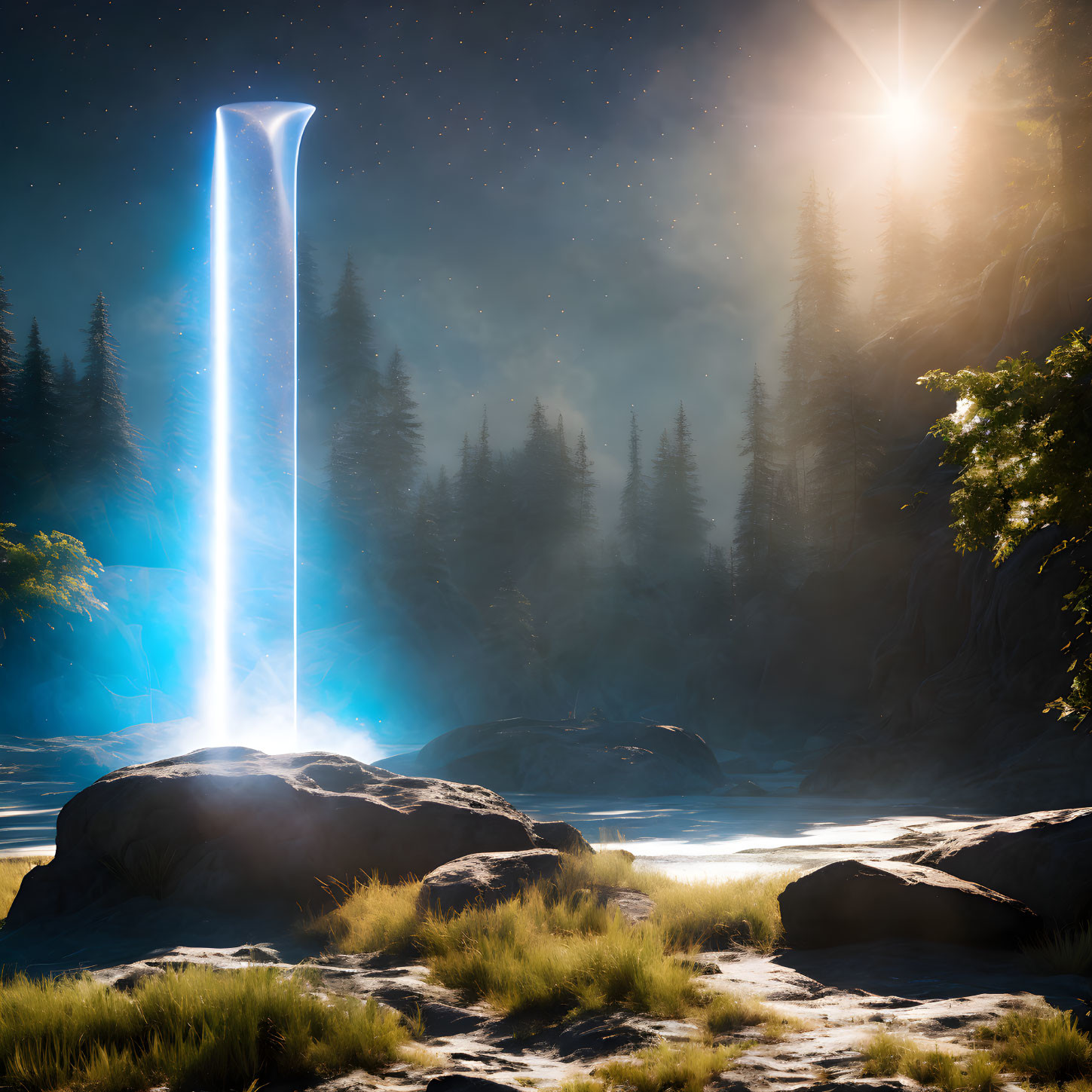 Serene forest scene with mystical blue beam, glowing river, stars, and sun at dusk