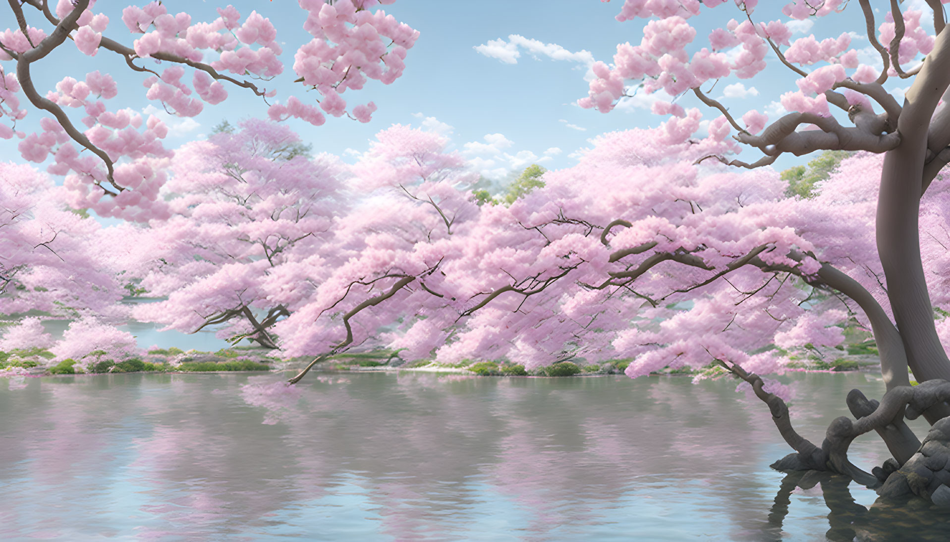 Tranquil cherry blossom landscape by calm river