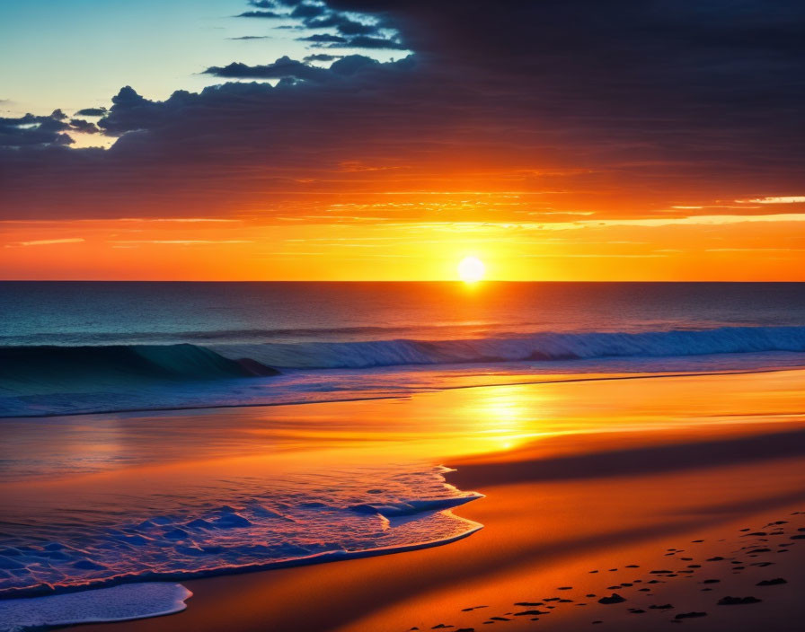 Radiant Sunrise Over Ocean and Beach Scene