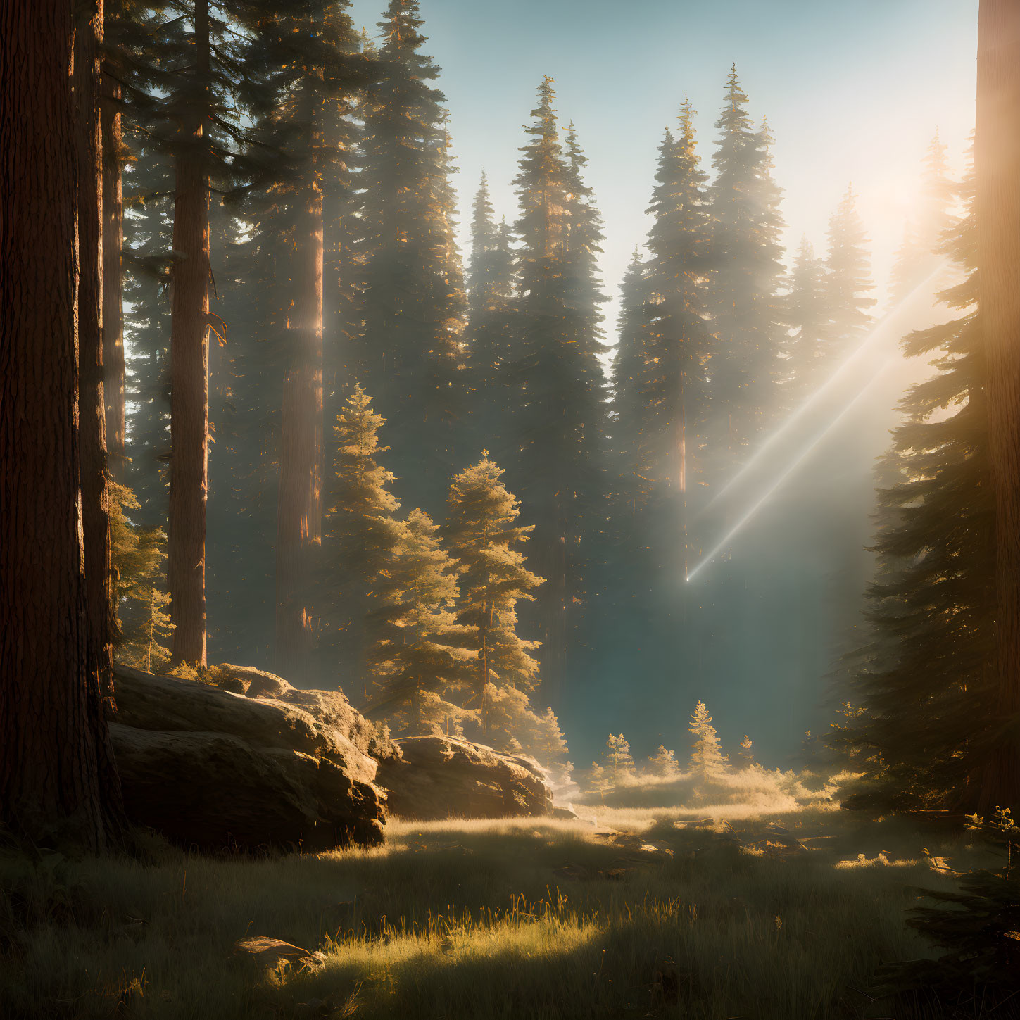 Forest scene with sunlight streaming through misty trees