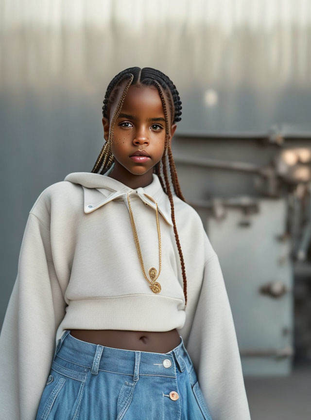Young person with braided hair in white hoodie and jeans on blurred background