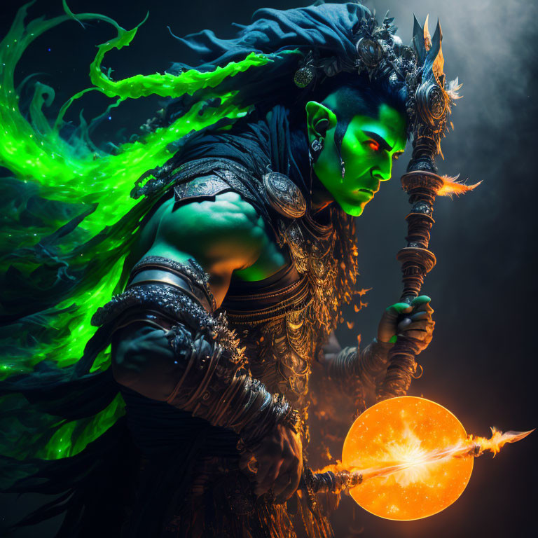 Elaborate fantasy costume with glowing green effects and staff with orange orb on dark backdrop