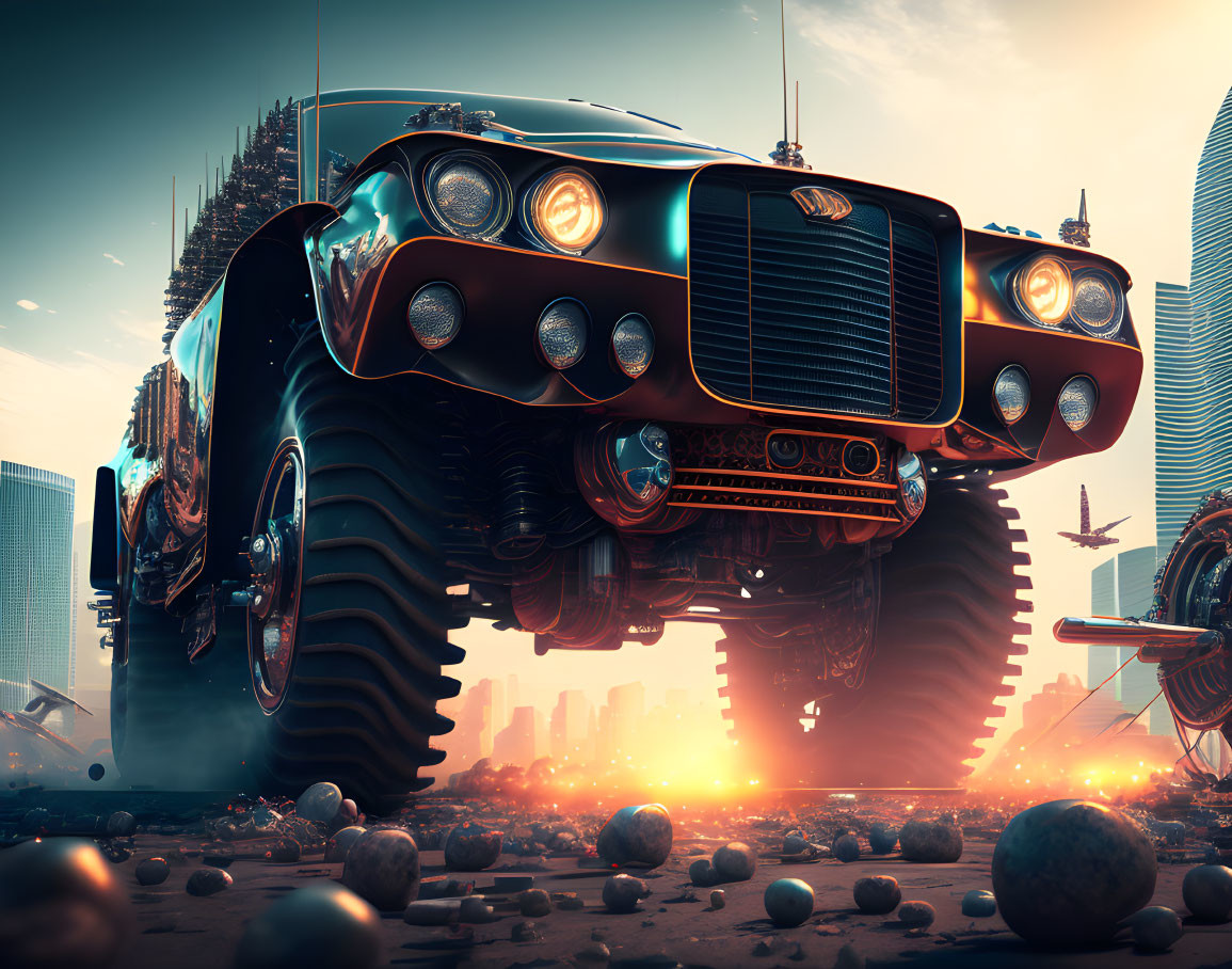 Classic car with oversized wheels flying over futuristic cityscape at sunset