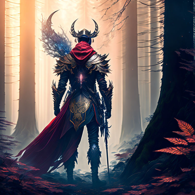 Mystical armored warrior in sunlit forest with glowing object