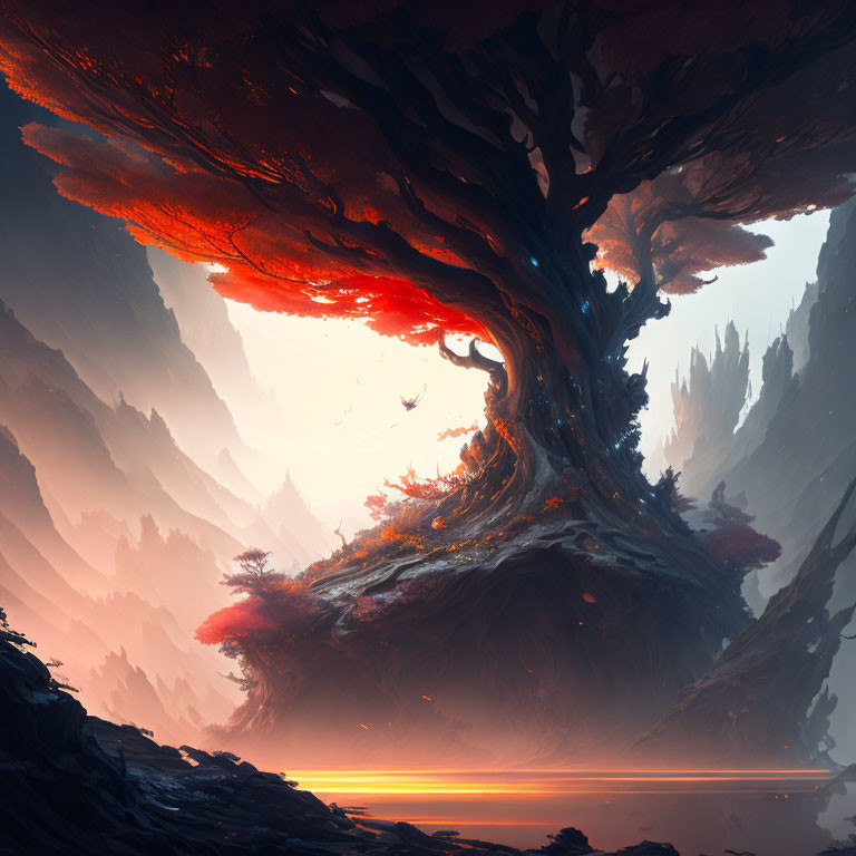 Majestic tree with fiery red leaves in misty landscape