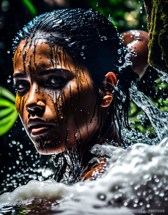 Woman with cascading water creating droplets on her face against dark background