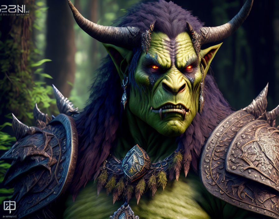 Fantasy character with green skin, large horns, red eyes, spiked armor in forest