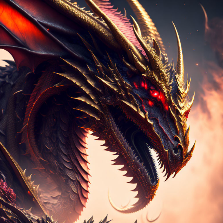 Menacing red-eyed dragon with sharp horns and wings on warm backdrop