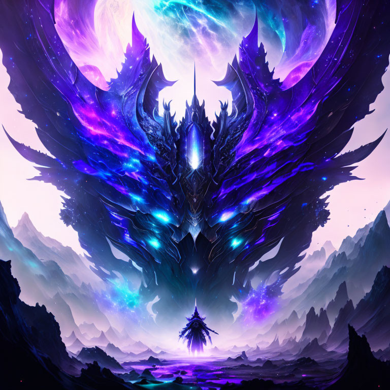 Mystical digital artwork: Dragon silhouette with cosmic wings in surreal landscape