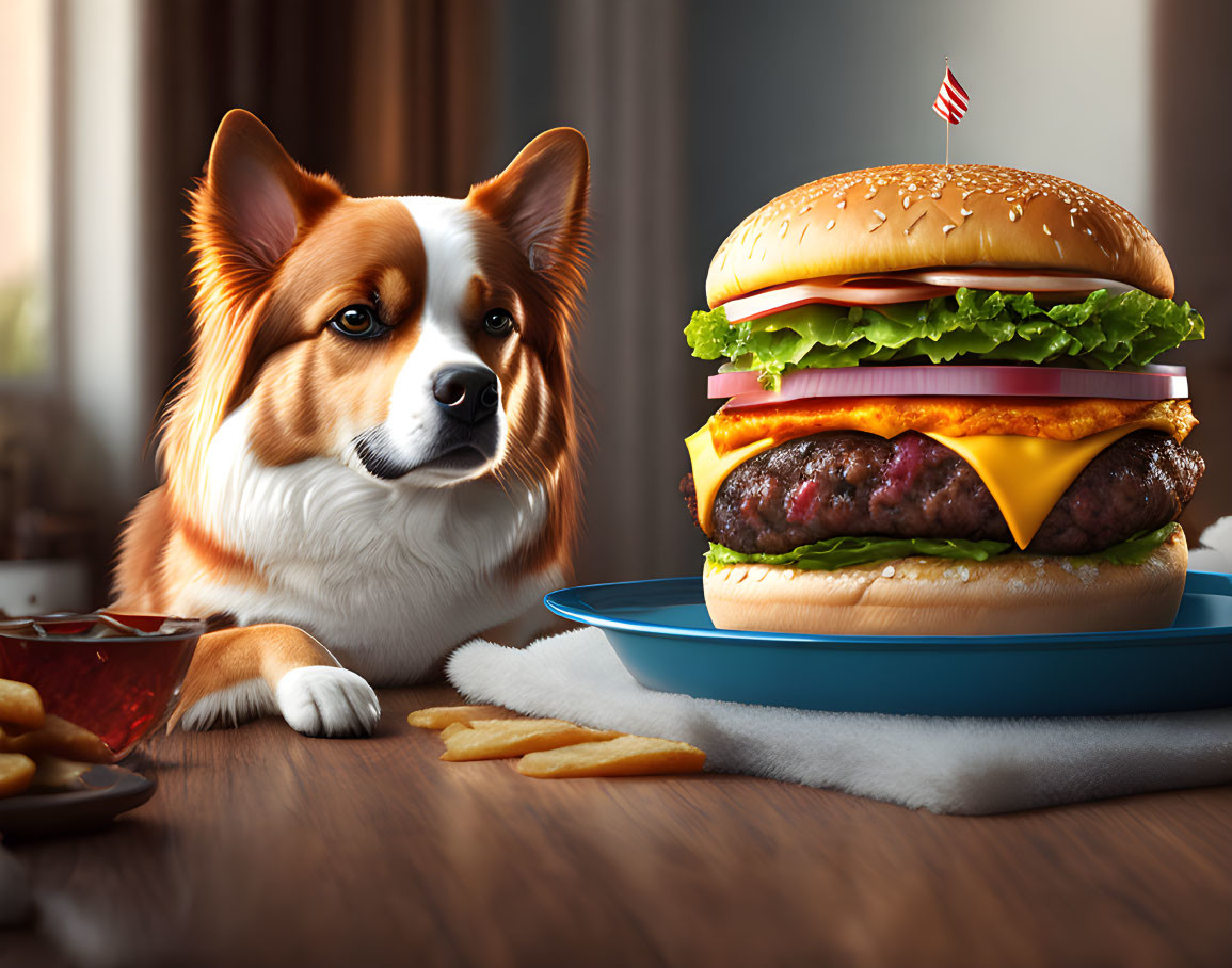 Dog staring at cheeseburger with fries and ketchup in warm indoor setting