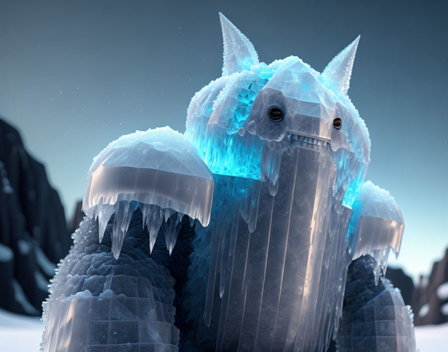 Fantastical ice creature with glowing blue accents in frigid landscape