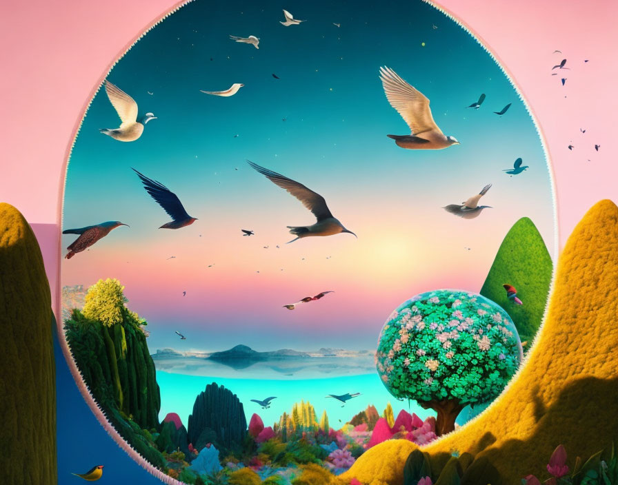 Colorful surreal landscape with birds, flora, hills, water, and pastel sky