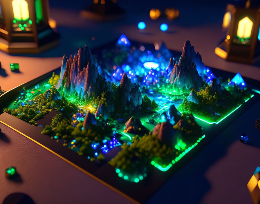 Miniature night landscape with glowing trees, crystals, mountains, and lanterns