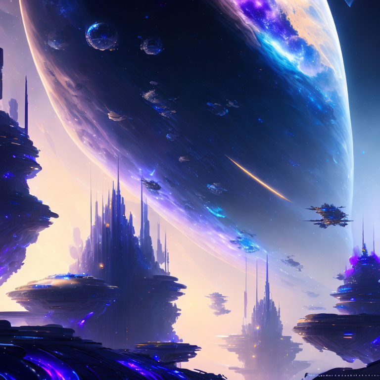 Futuristic sci-fi landscape with alien structures, floating islands, spaceships, and moons