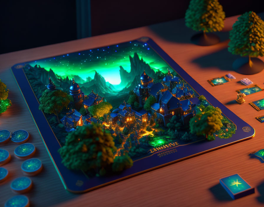 Detailed 3D puzzle of fantasy landscape with glowing buildings under starry sky and aurora borealis