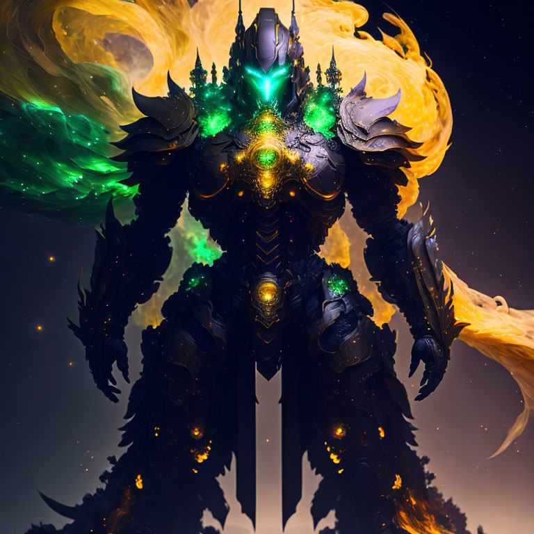 Armored figure with green accents in cosmic setting