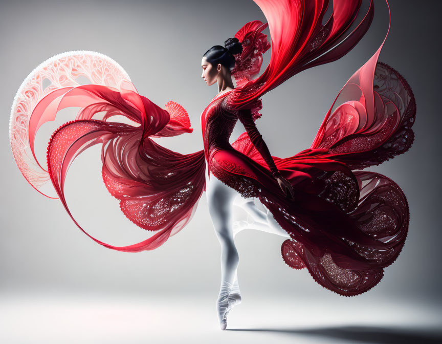 Dynamic twirl of dancer in red flowing dress with intricate patterns against grey background
