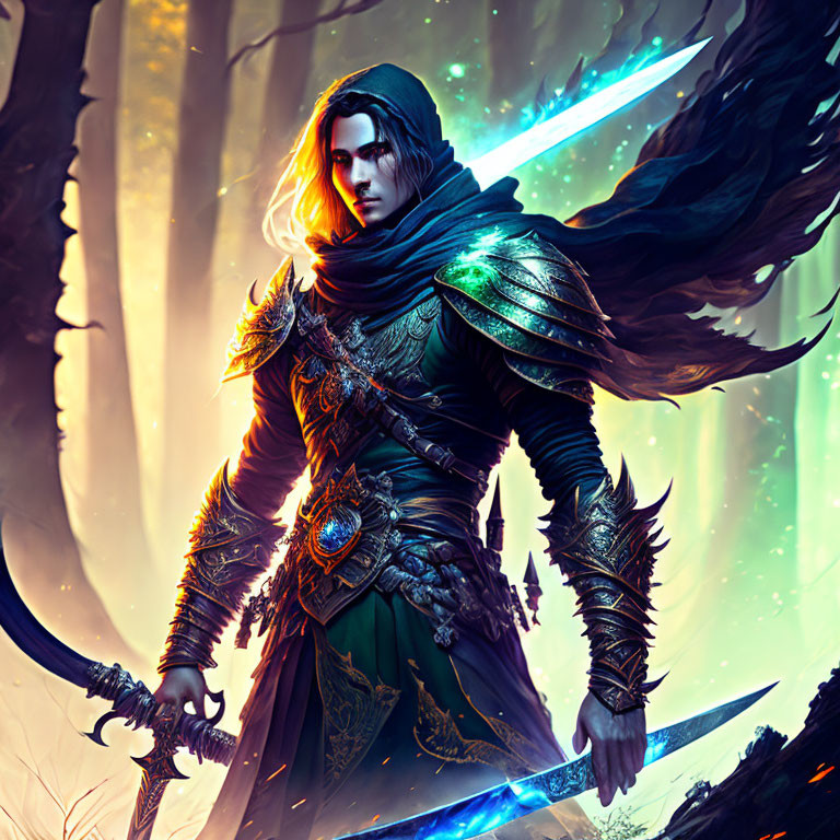 Fantasy warrior with glowing swords in mystical forest