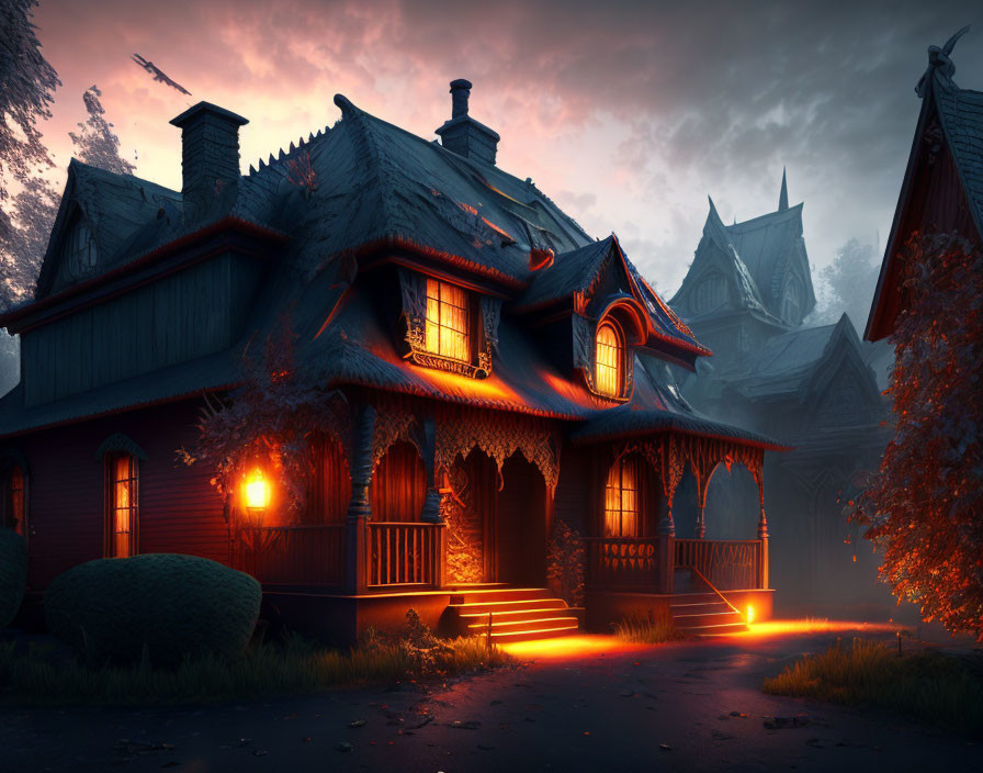 Victorian house at dusk with warm orange lights and autumn fog.