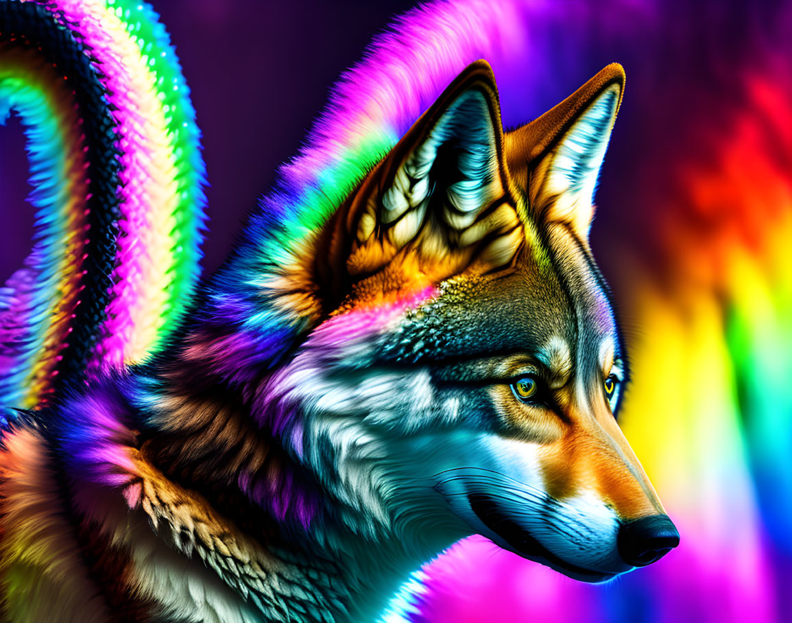 Colorful Wolf Digital Artwork with Rainbow Background