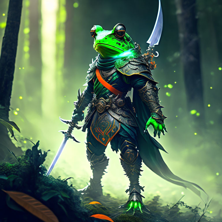 Anthropomorphic frog warrior in mystical forest with armor, sword, and earring.