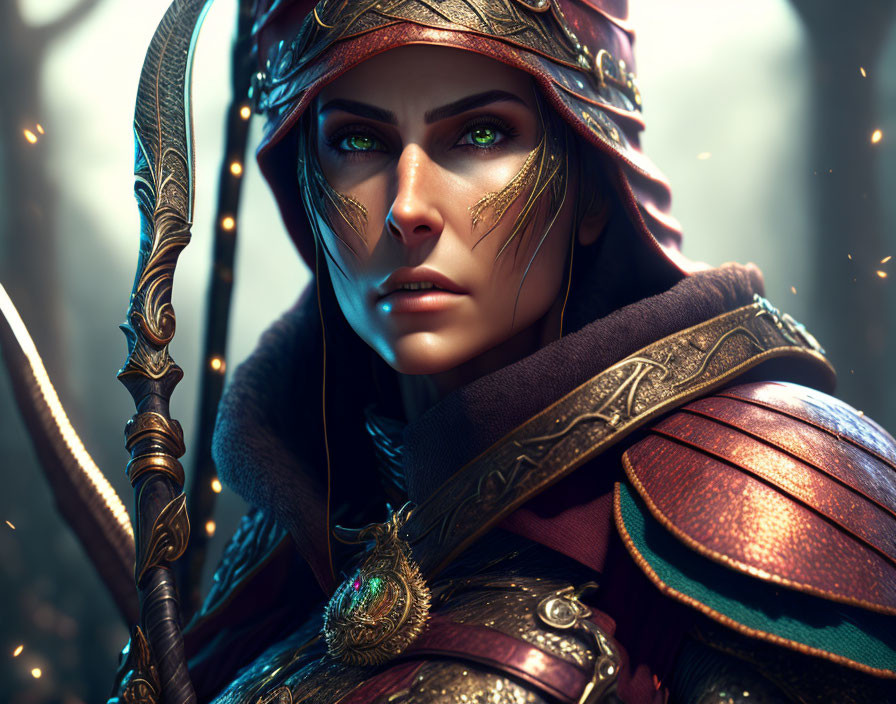 Detailed Digital Portrait of Female Warrior with Striking Green Eyes and Ornate Armor