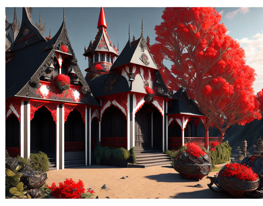 Fantasy-themed architecture with pointed roofs and vibrant red tree in decorative urns.