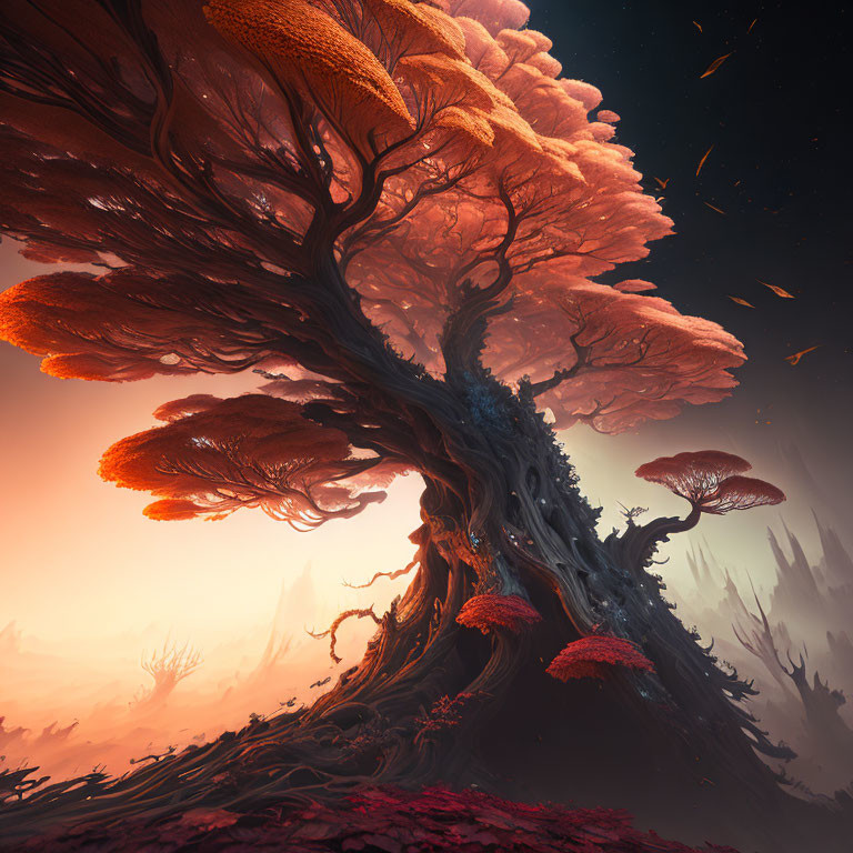 Fantastical orange canopy tree in hazy atmospheric backdrop