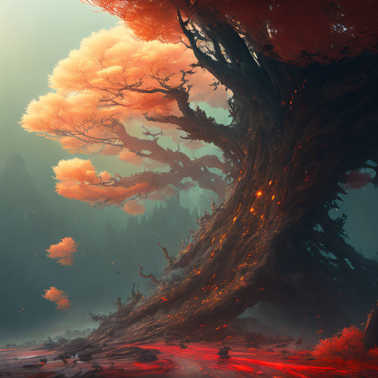 Majestic tree with thick trunk and fiery orange leaves in misty red forest