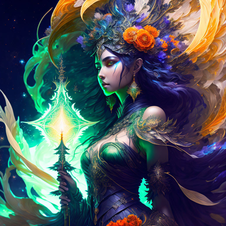 Fantasy Artwork: Ethereal Woman with Blue Skin and Floral Headdress