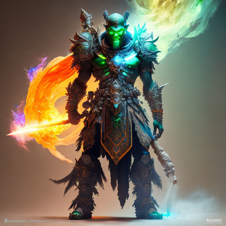 Fantasy digital artwork of armored warrior with glowing blue chest and flaming sword