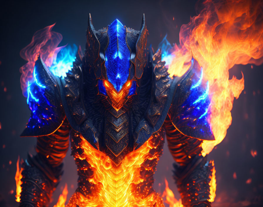 Fantasy armor with glowing blue eyes and shoulder flames on dark background