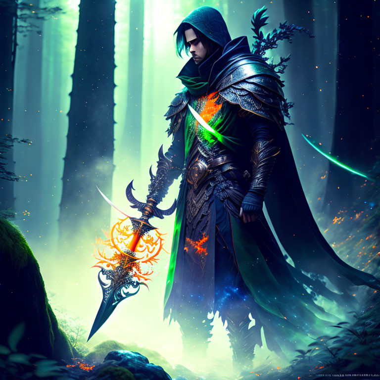 Fantasy character with orange magical weapon in misty forest