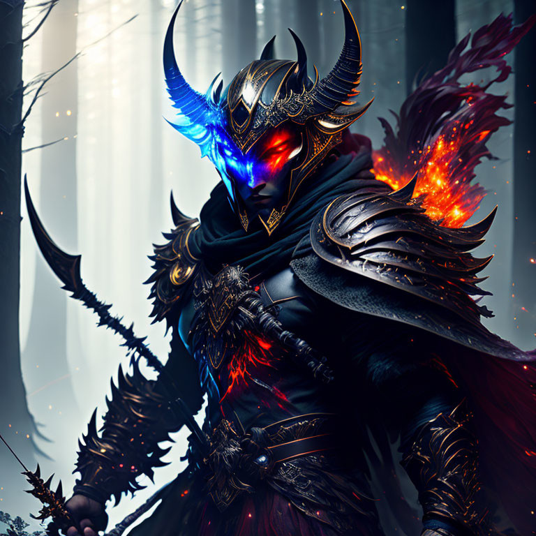 Fantasy warrior in dark armor with glowing blue eyes in mystical forest